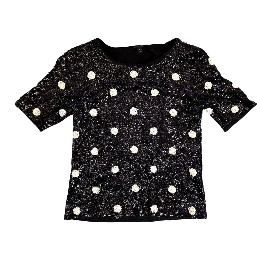 J. Crew Women's Black White Polka Dot Sequin Short Sleeve Top Style- Size S